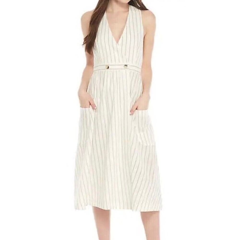 Free People Diana Wrap Midi Dress Cream/Black Pinstripe Sz Medium